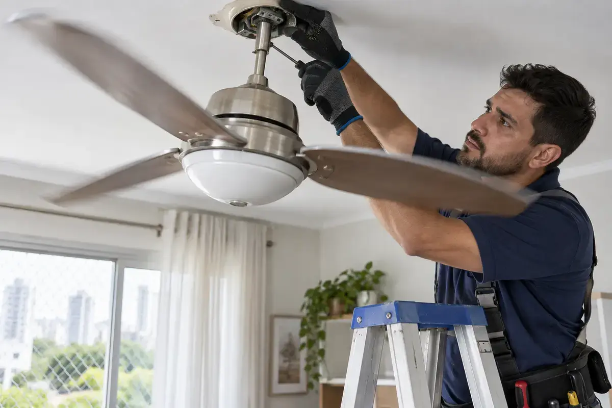 Técnico ajustando ventilador que balança no teto