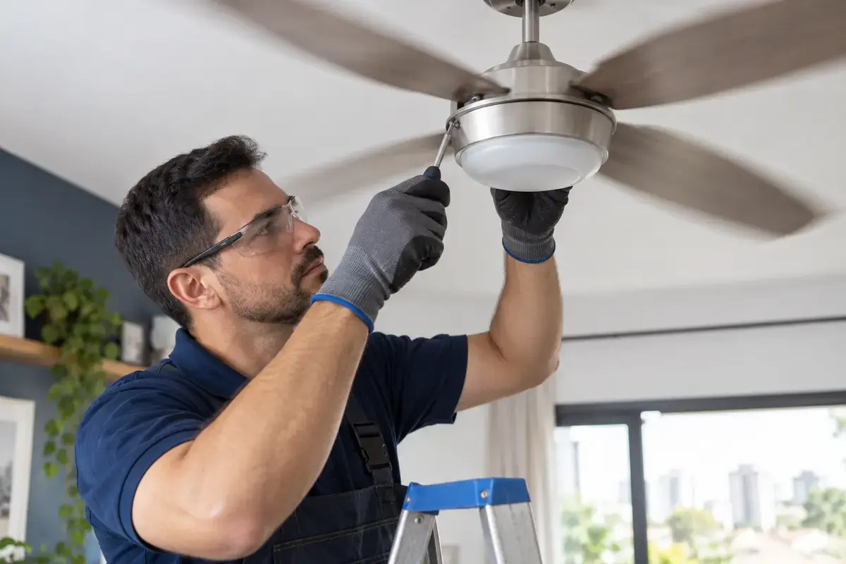 Técnico corrigindo barulho excessivo em ventilador de teto