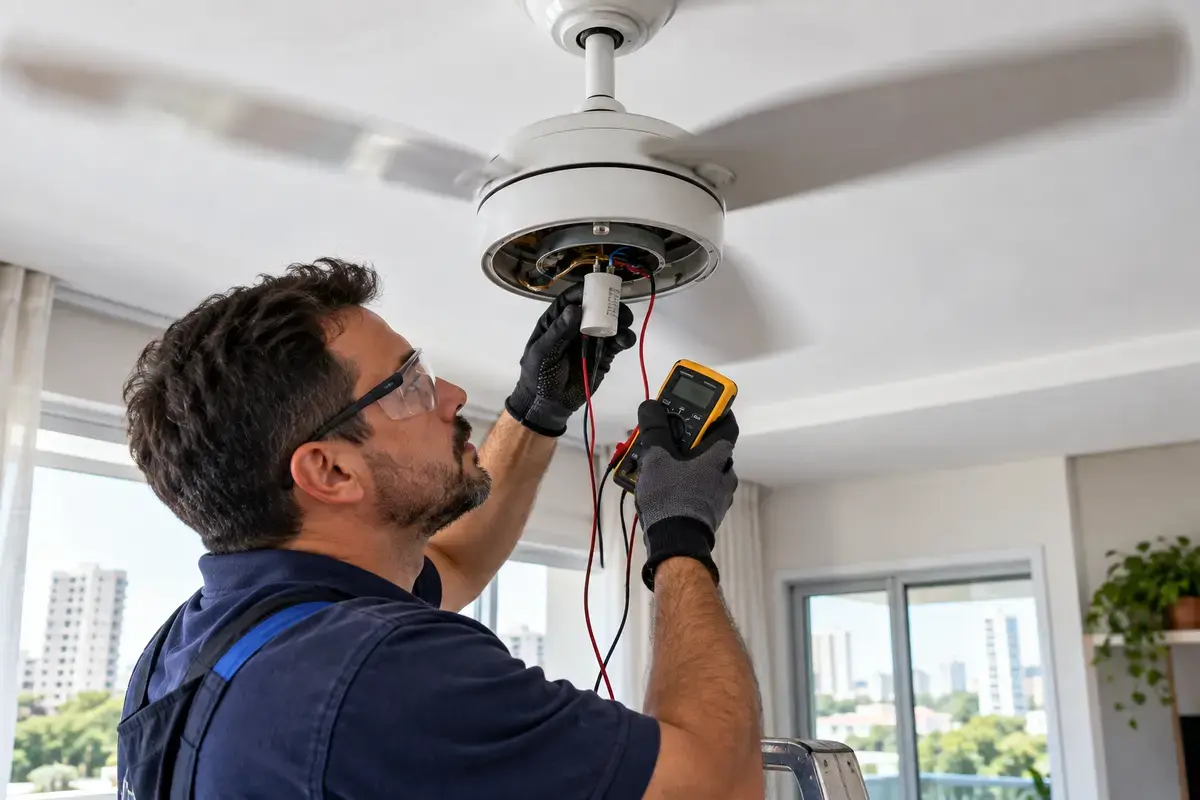 Técnico avaliando ventilador que gira devagar