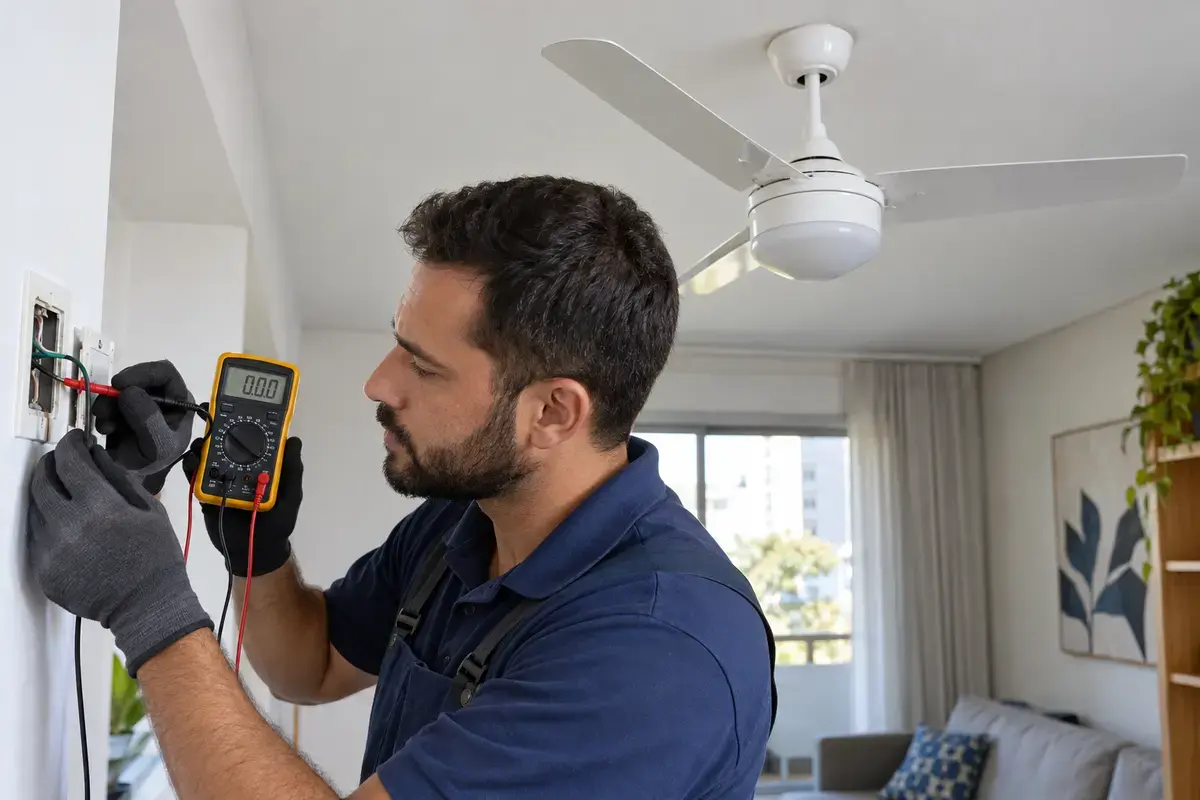 Técnico diagnosticando ventilador que não liga